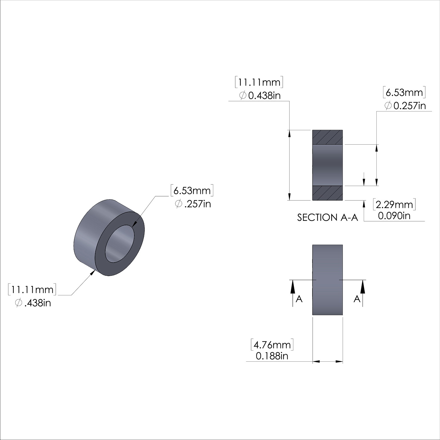 Aluminum Spacer 7/16'' OD x .257'' ID x 3/16'' Long