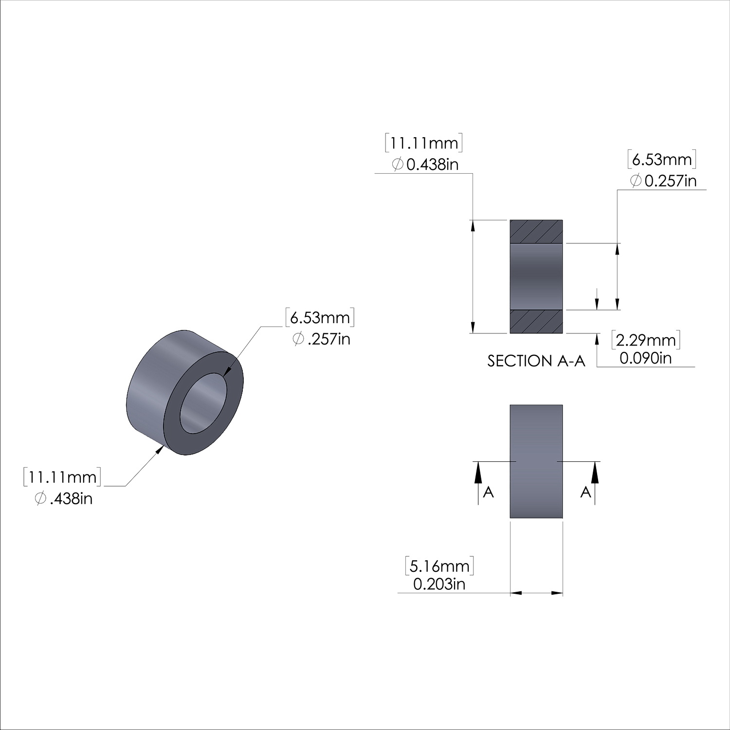 Aluminum Spacer 7/16'' OD x .257'' ID x 13/64'' Long