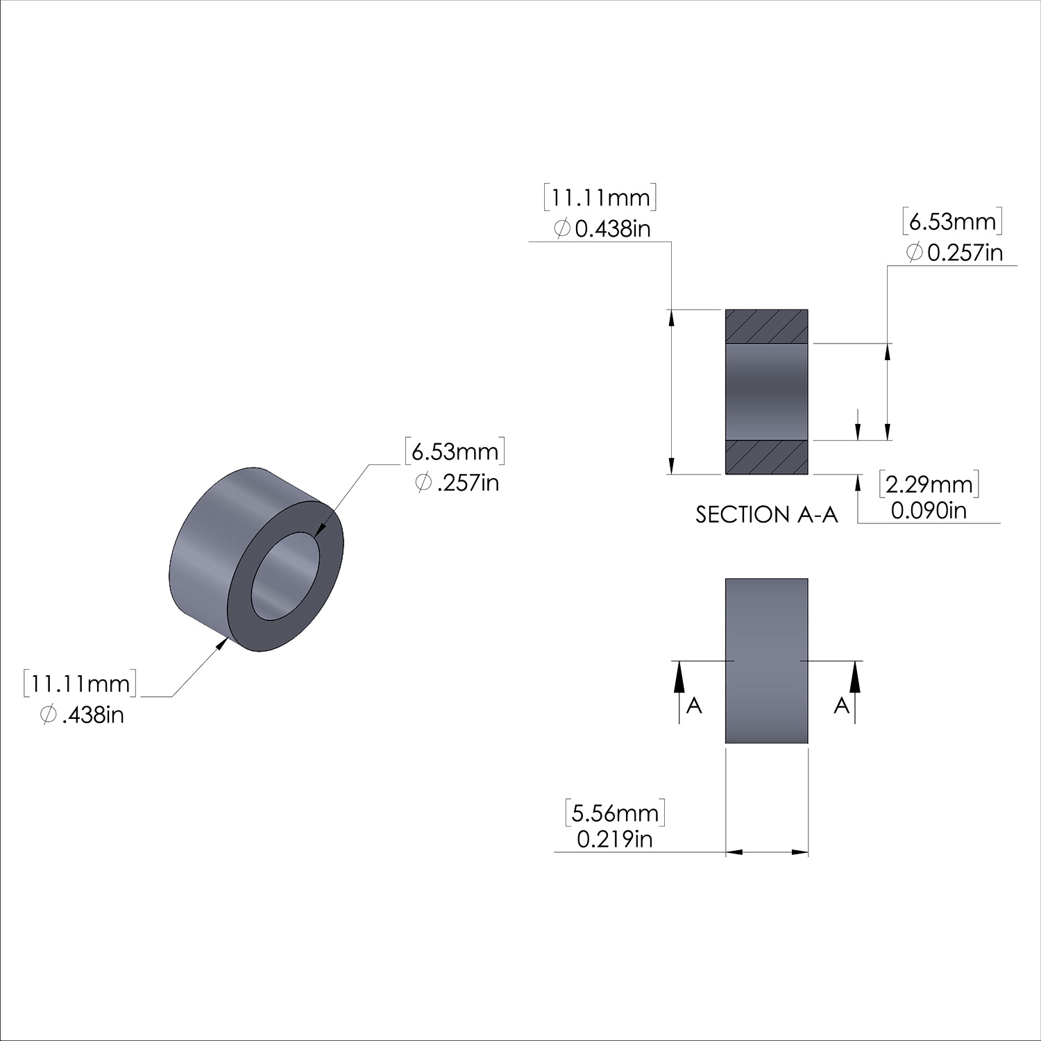 Aluminum Spacer 7/16'' OD x .257'' ID x 7/32'' Long, Plain Aluminum Finish
