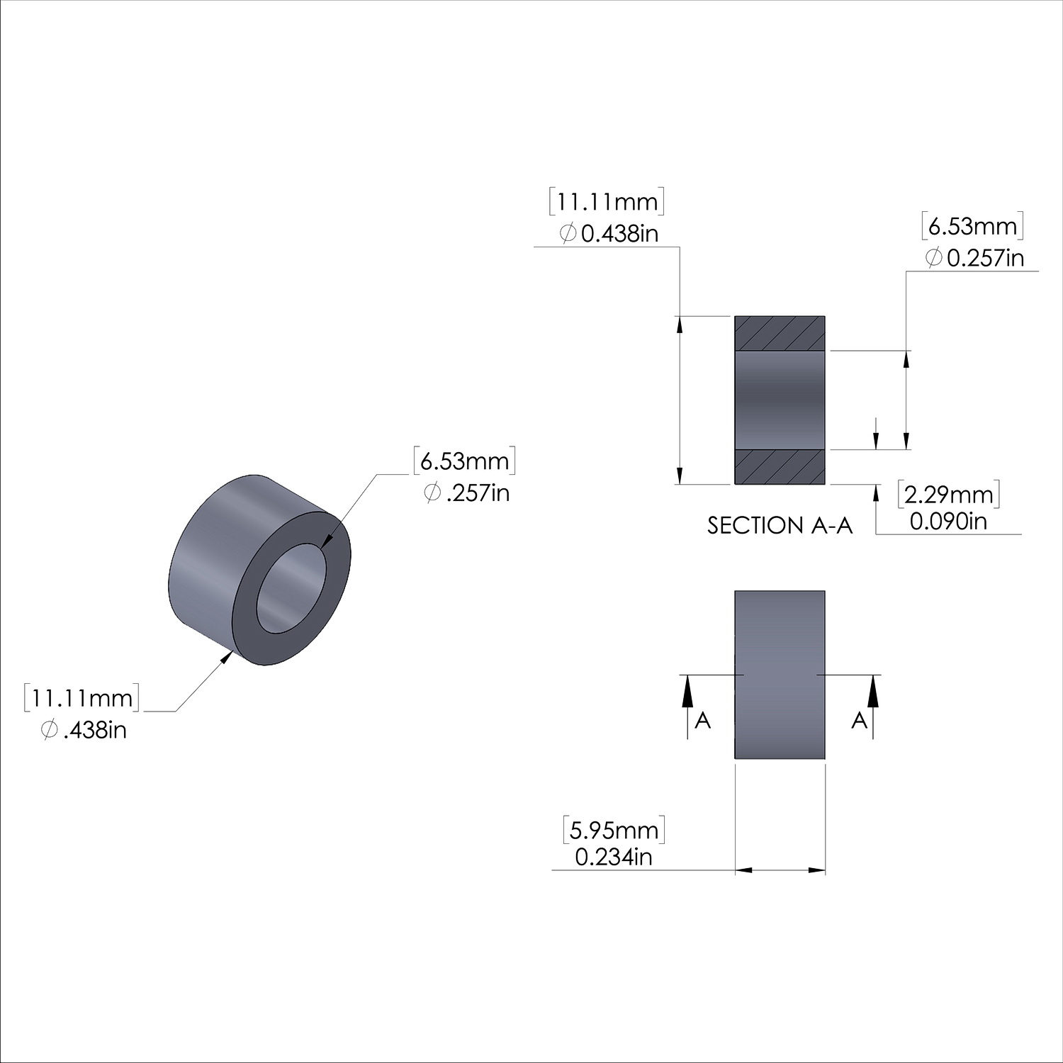Aluminum Spacer 7/16'' OD x .257'' ID x 15/64'' Long