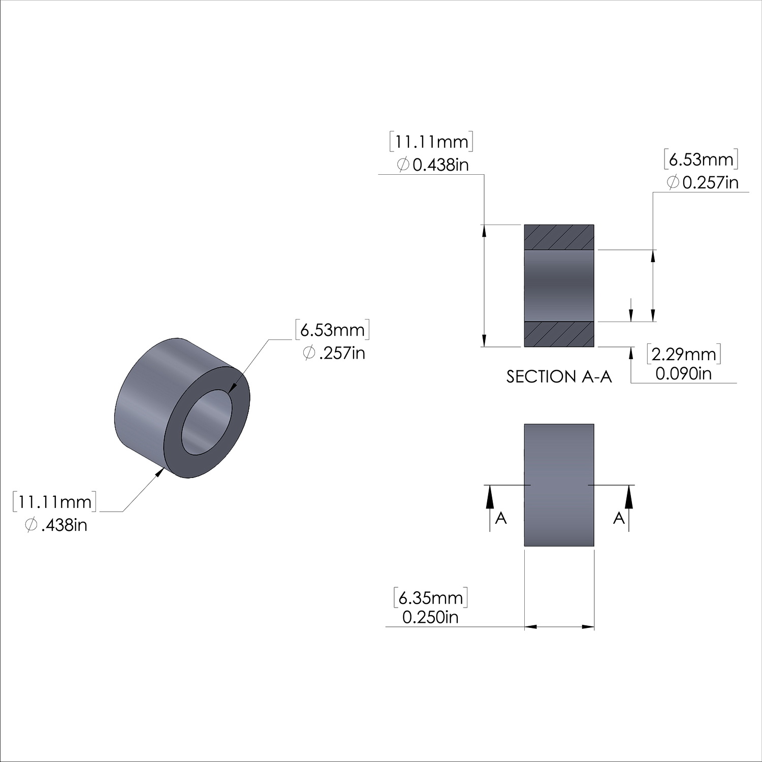 Aluminum Spacer 7/16'' OD x .257'' ID x 1/4'' Long, Black Anodized Finish