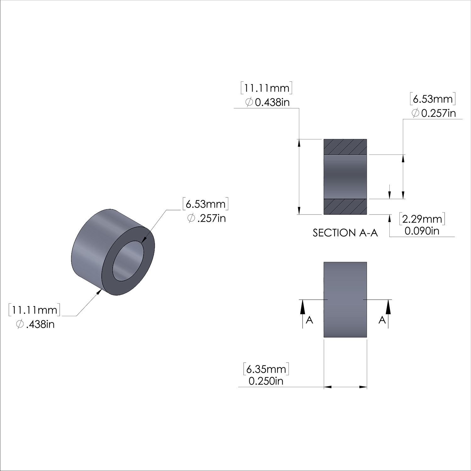 Aluminum Spacer 7/16'' OD x .257'' ID x 1/4'' Long, Plain Aluminum Finish