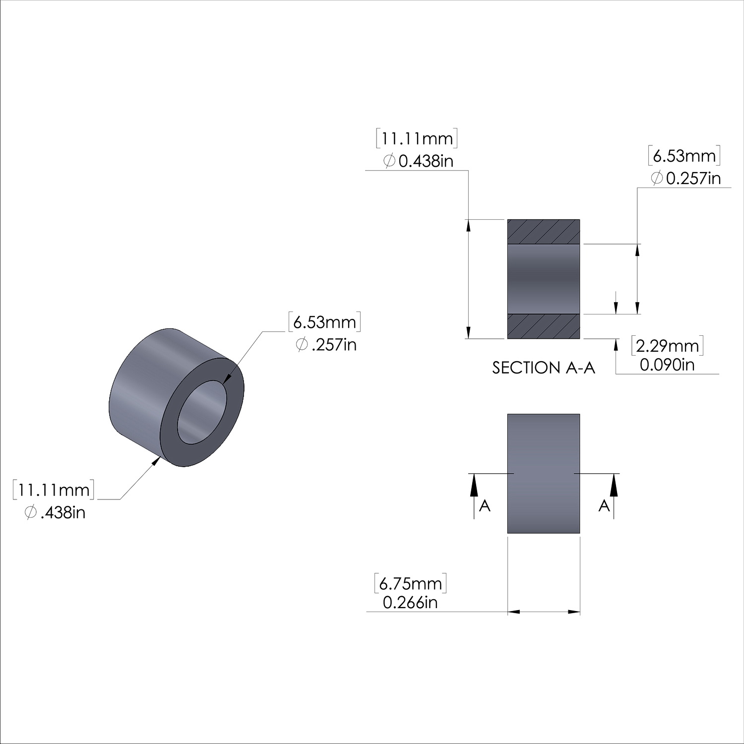 Aluminum Spacer 7/16'' OD x .257'' ID x 17/64'' Long