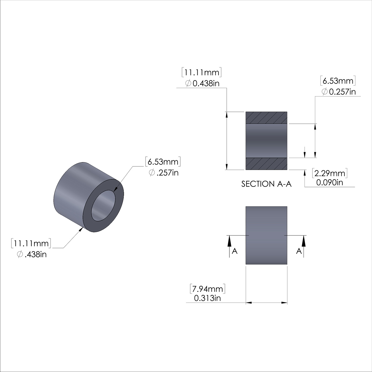 Aluminum Spacer 7/16'' OD x .257'' ID x 5/16'' Long-Black Anodized