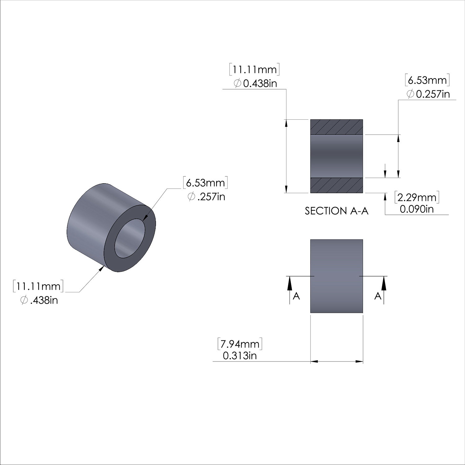 Aluminum Spacer 7/16'' OD x .257'' ID x 5/16'' Long