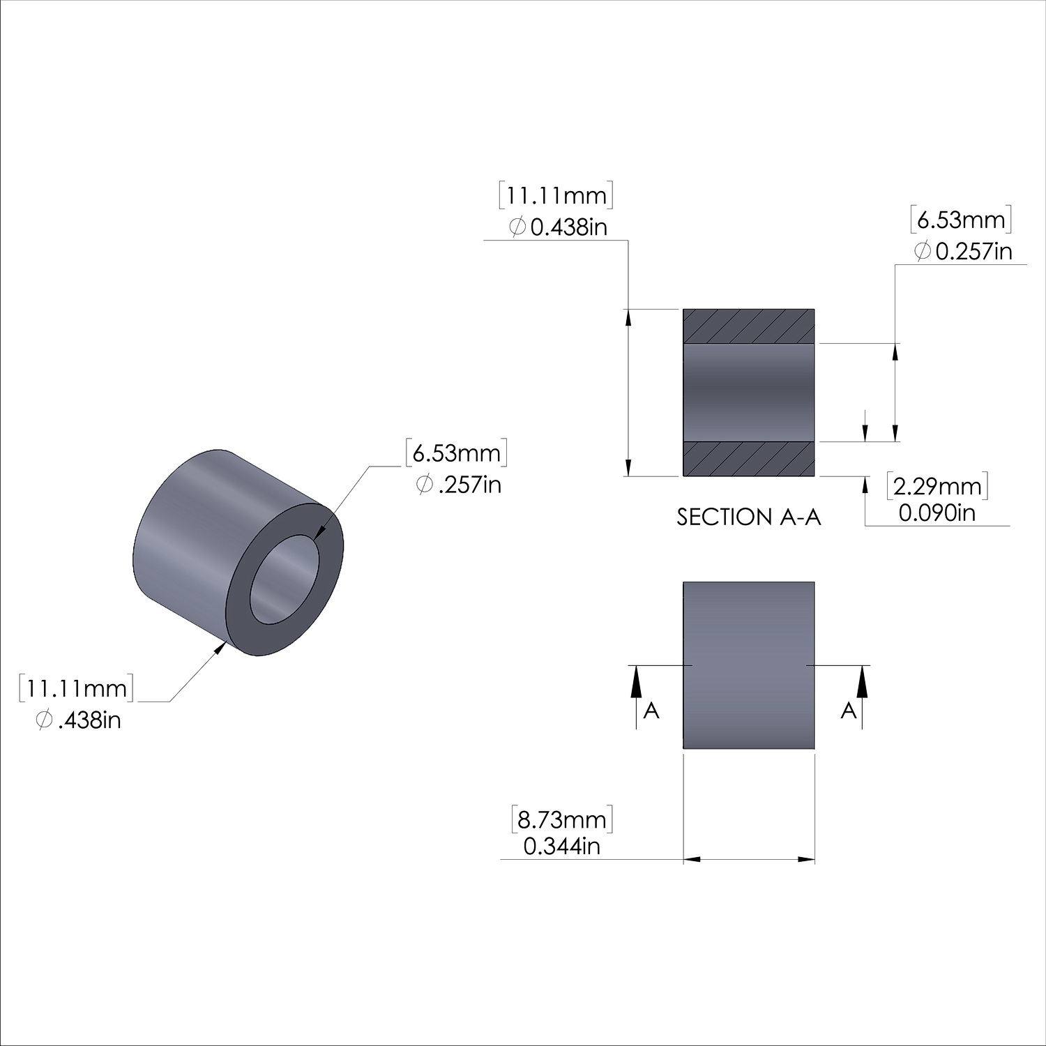 Aluminum Spacer 7/16'' OD x .257'' ID x 11/32'' Long, Plain Aluminum Finish