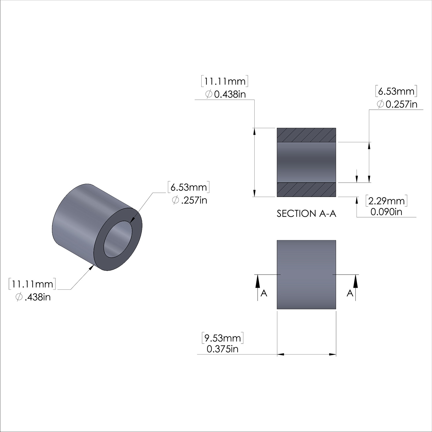 Aluminum Spacer 7/16'' OD x .257'' ID x 3/8'' Long, Plain Aluminum Finish