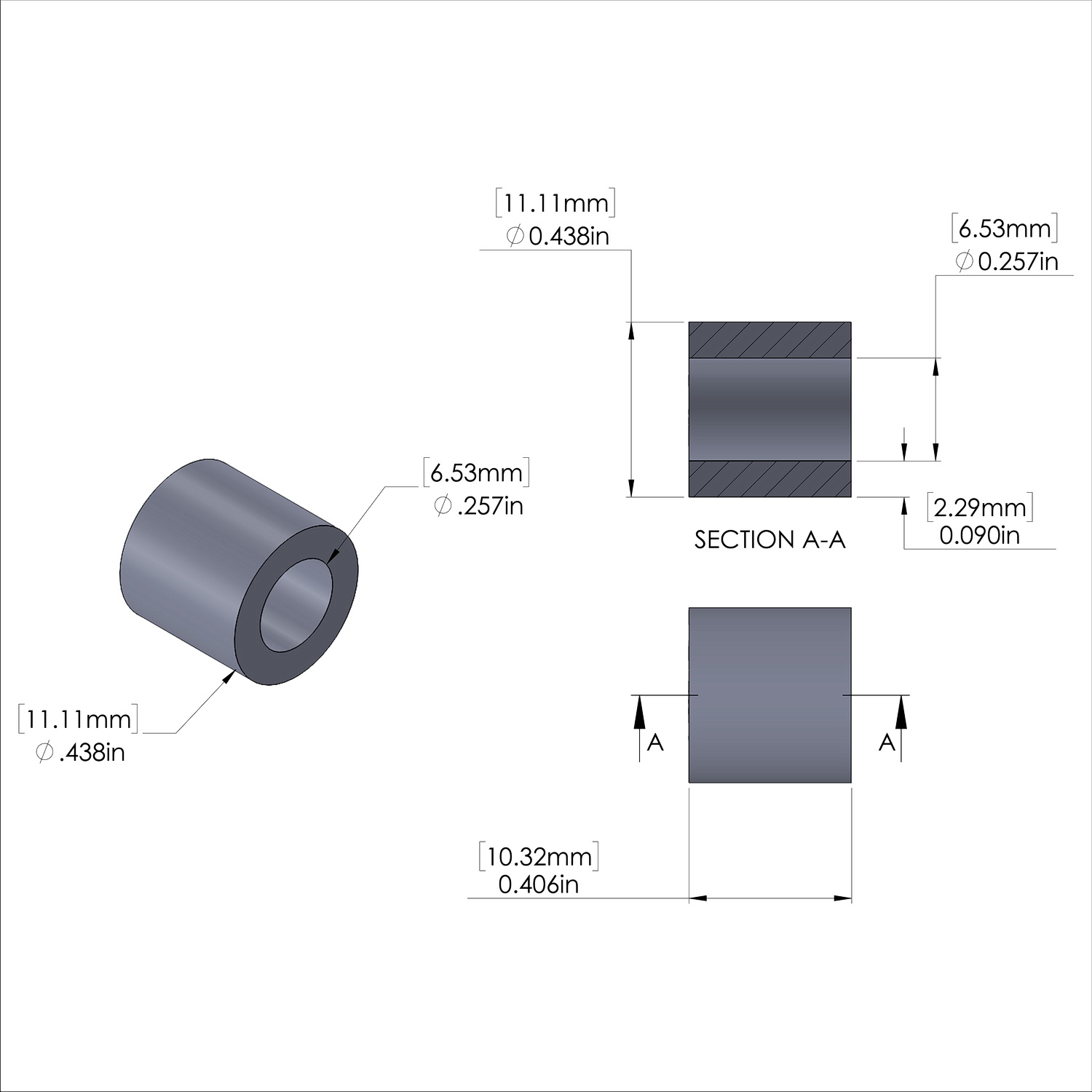 Aluminum Spacer 7/16'' OD x .257'' ID x 13/32'' Long, Plain Aluminum Finish
