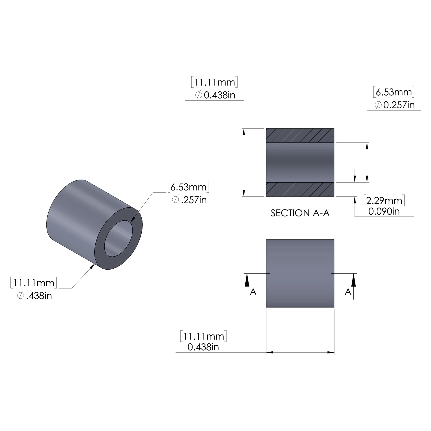Aluminum Spacer 7/16'' OD x .257'' ID x 7/16'' Long-Black Anodized
