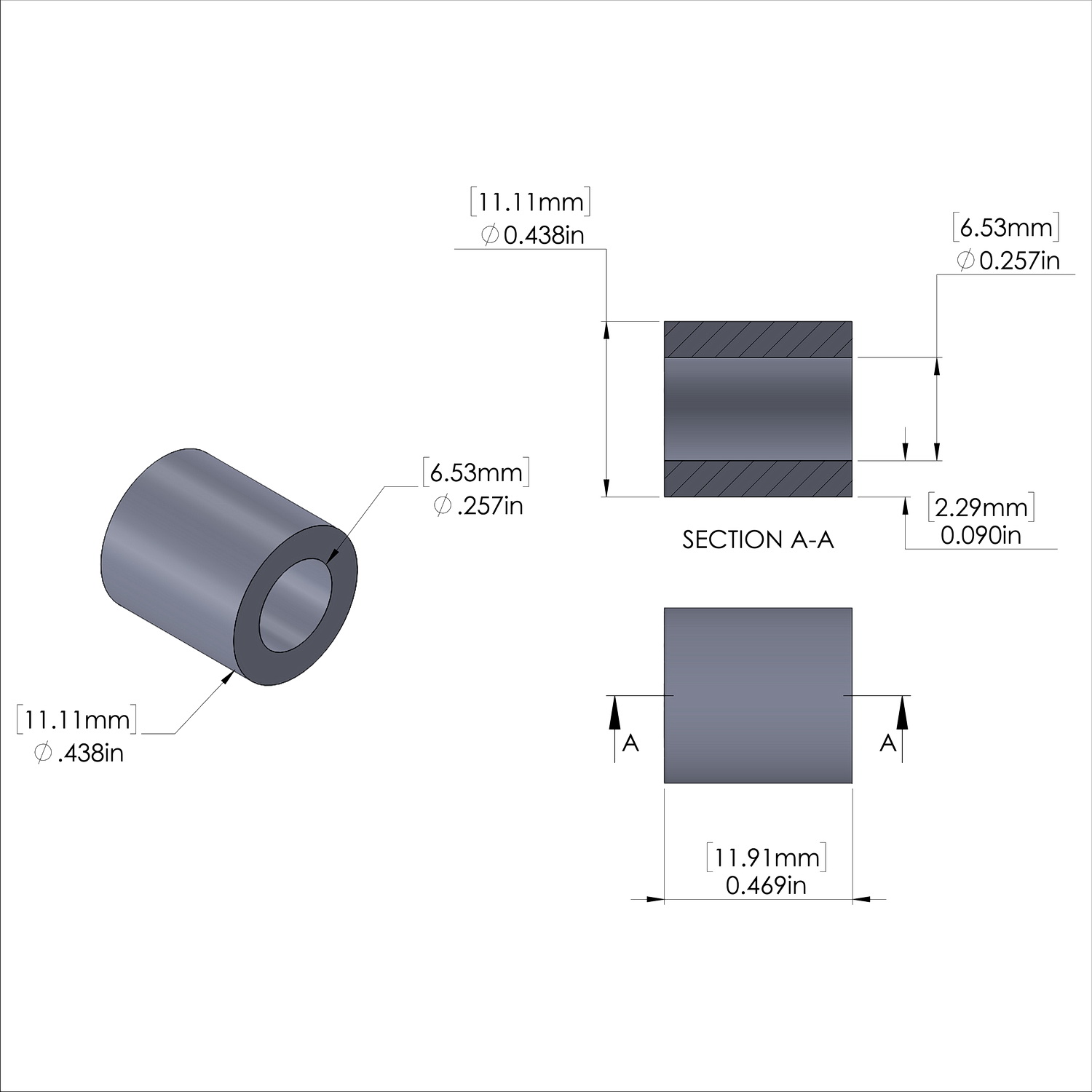 Aluminum Spacer 7/16'' OD x .257'' ID x 15/32'' Long