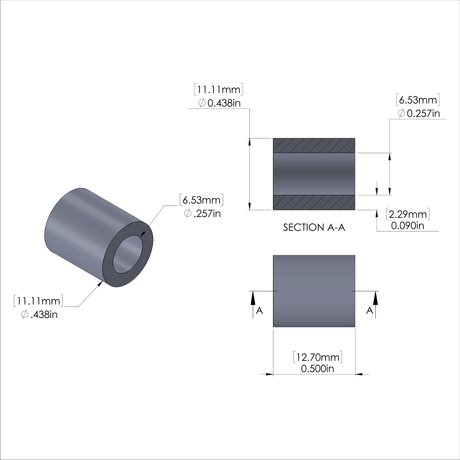 Aluminum Spacer 7/16'' OD x .257'' ID x 1/2'' Long-Black Anodized