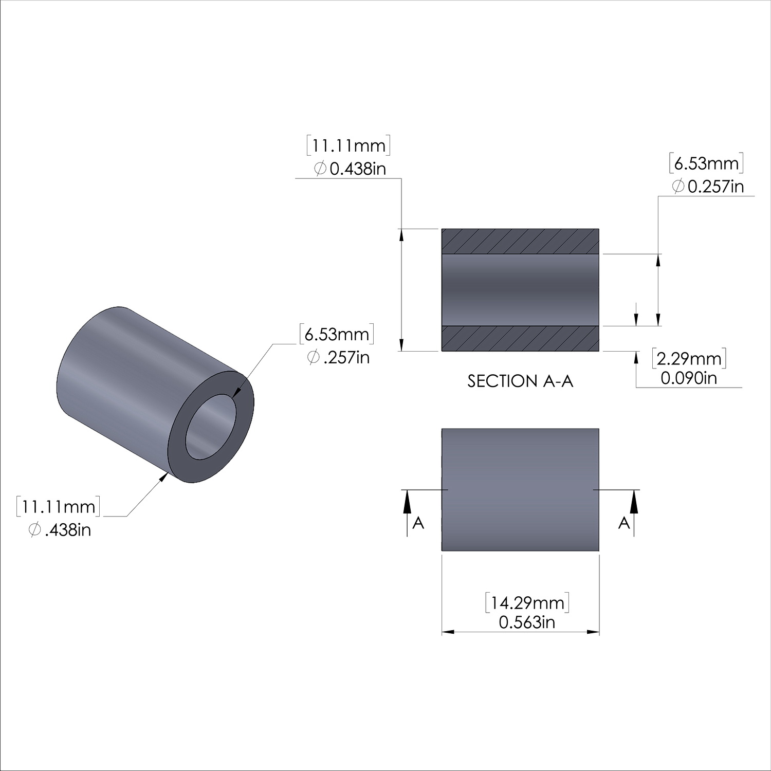 Aluminum Spacer 7/16'' OD x .257'' ID x 9/16'' Long