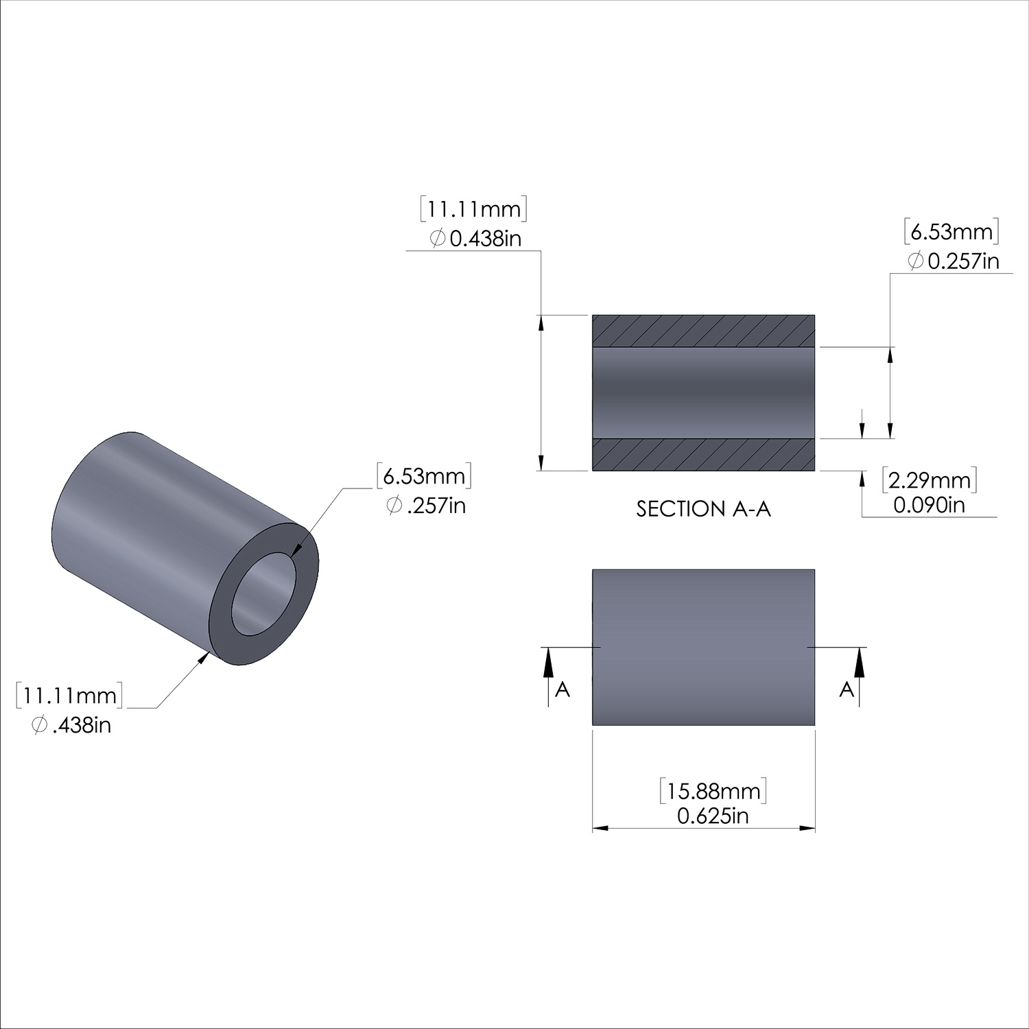 Aluminum Spacer 7/16'' OD x .257'' ID x 5/8'' Long-Black Anodized