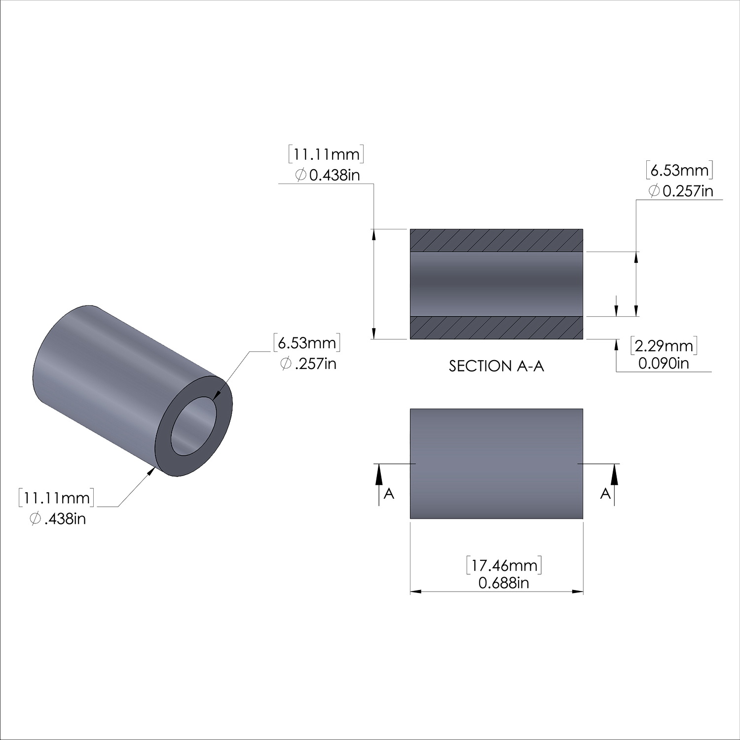 Aluminum Spacer 7/16'' OD x .257'' ID x 11/16'' Long