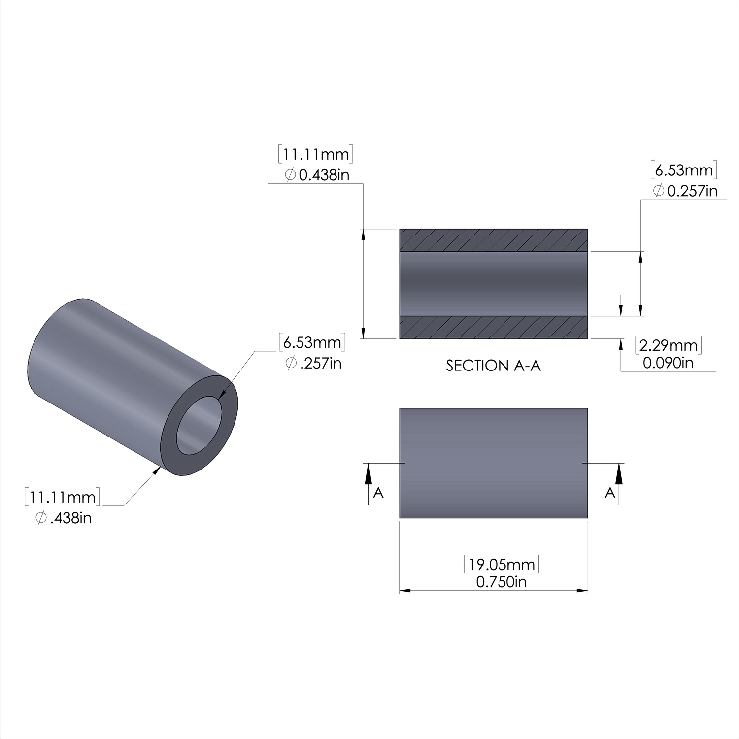Aluminum Spacer 7/16'' OD x .257'' ID x 3/4'' Long-Black Anodized