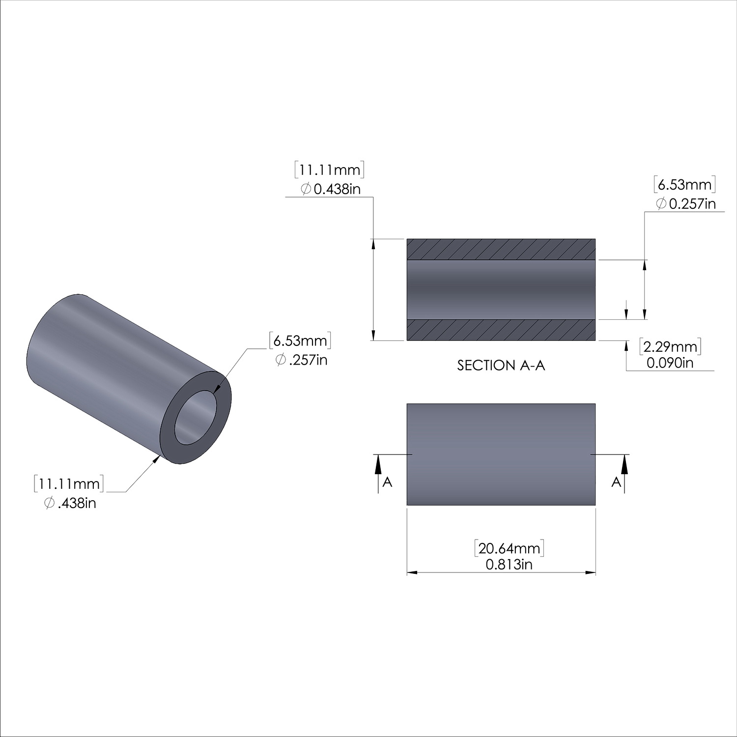 Aluminum Spacer 7/16'' OD x .257'' ID x 13/16'' Long