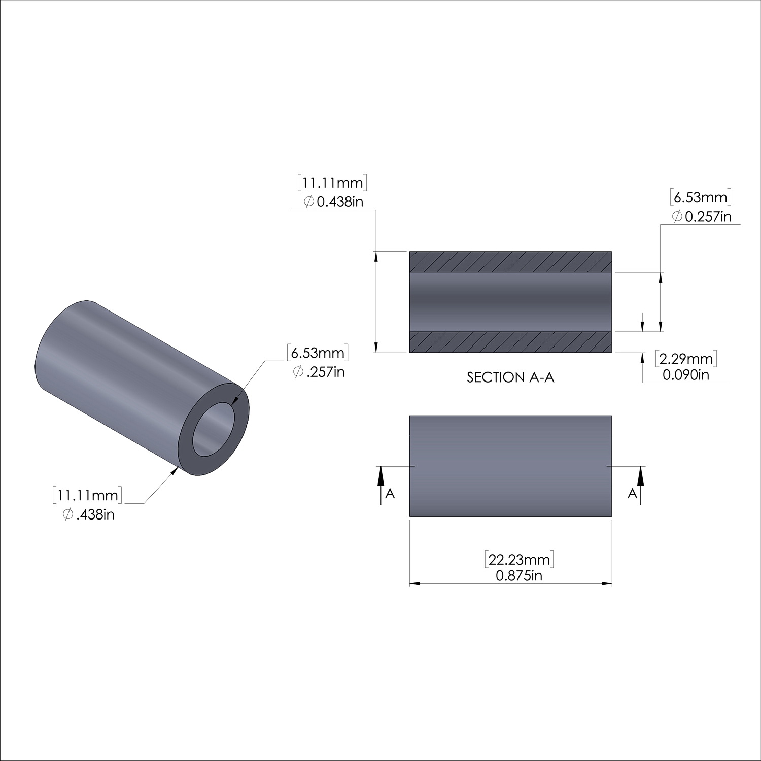 Aluminum Spacer 7/16'' OD x .257'' ID x 7/8'' Long-Black Anodized