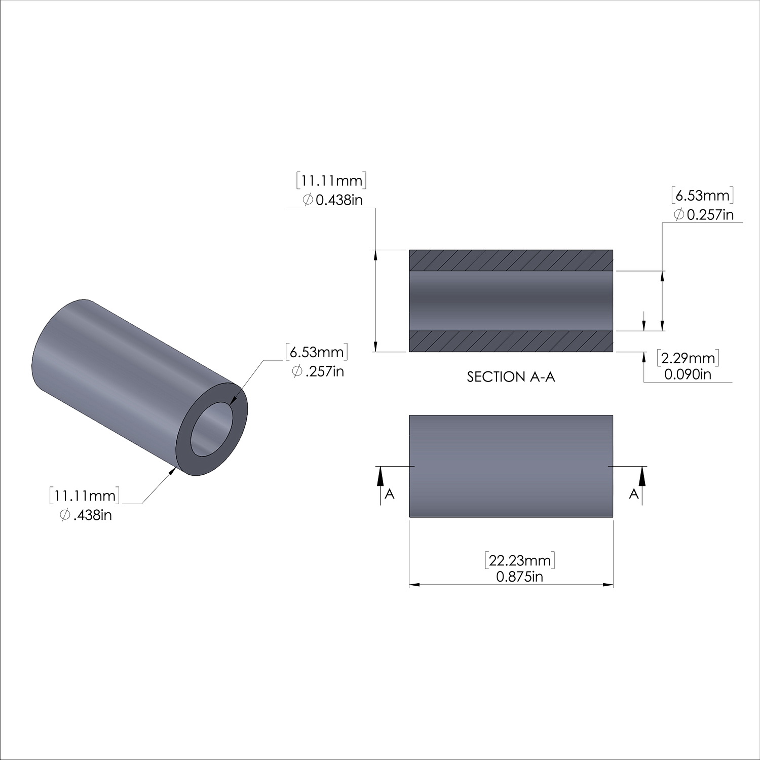 Aluminum Spacer 7/16'' OD x .257'' ID x 7/8'' Long