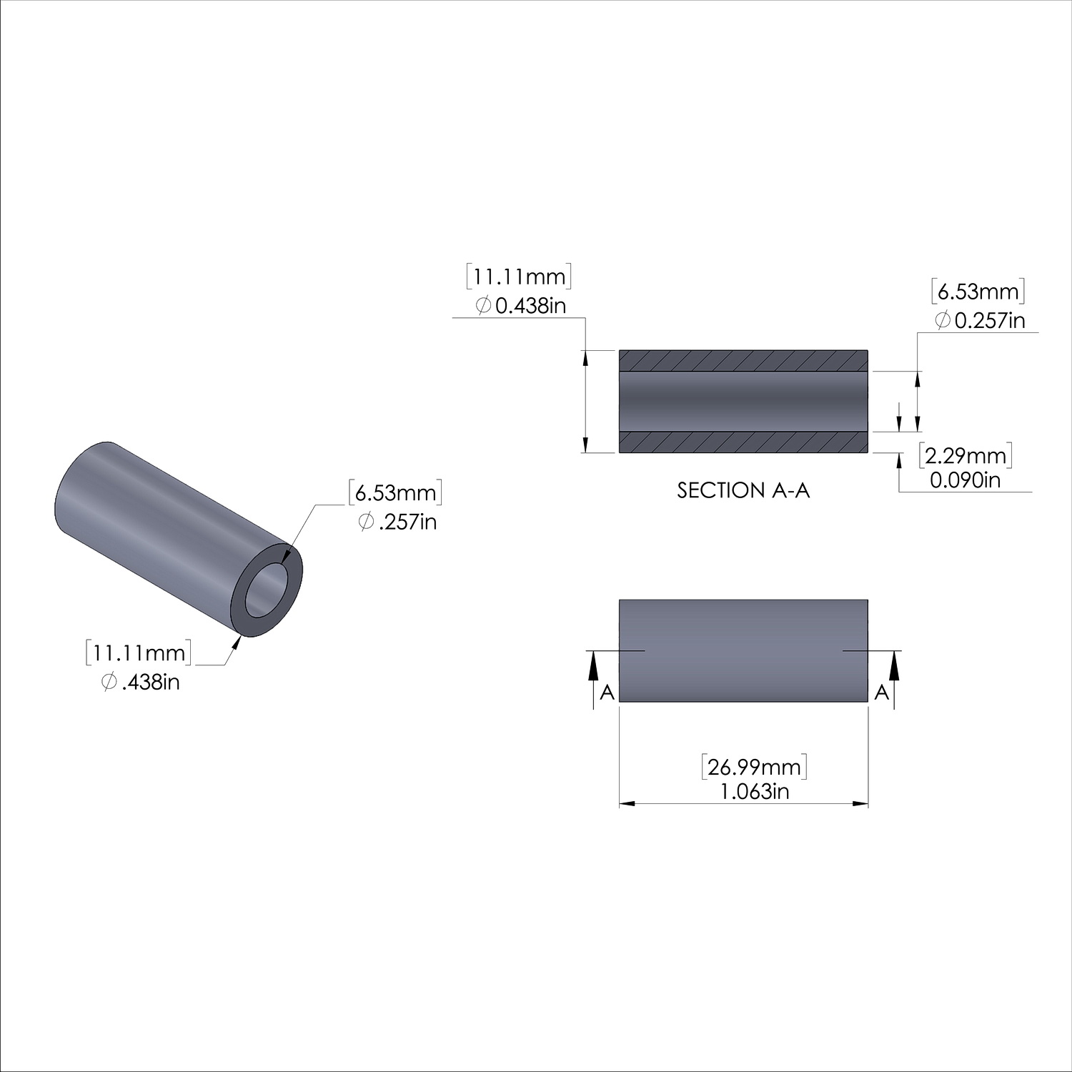 Aluminum Spacer 7/16'' OD x .257'' ID x 1-1/16'' Long