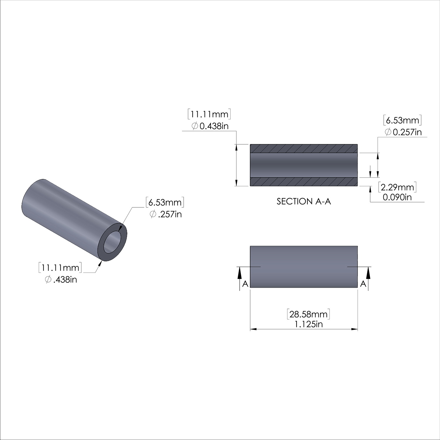 Aluminum Spacer 7/16'' OD x .257'' ID x 1-1/8'' Long-Black Anodized