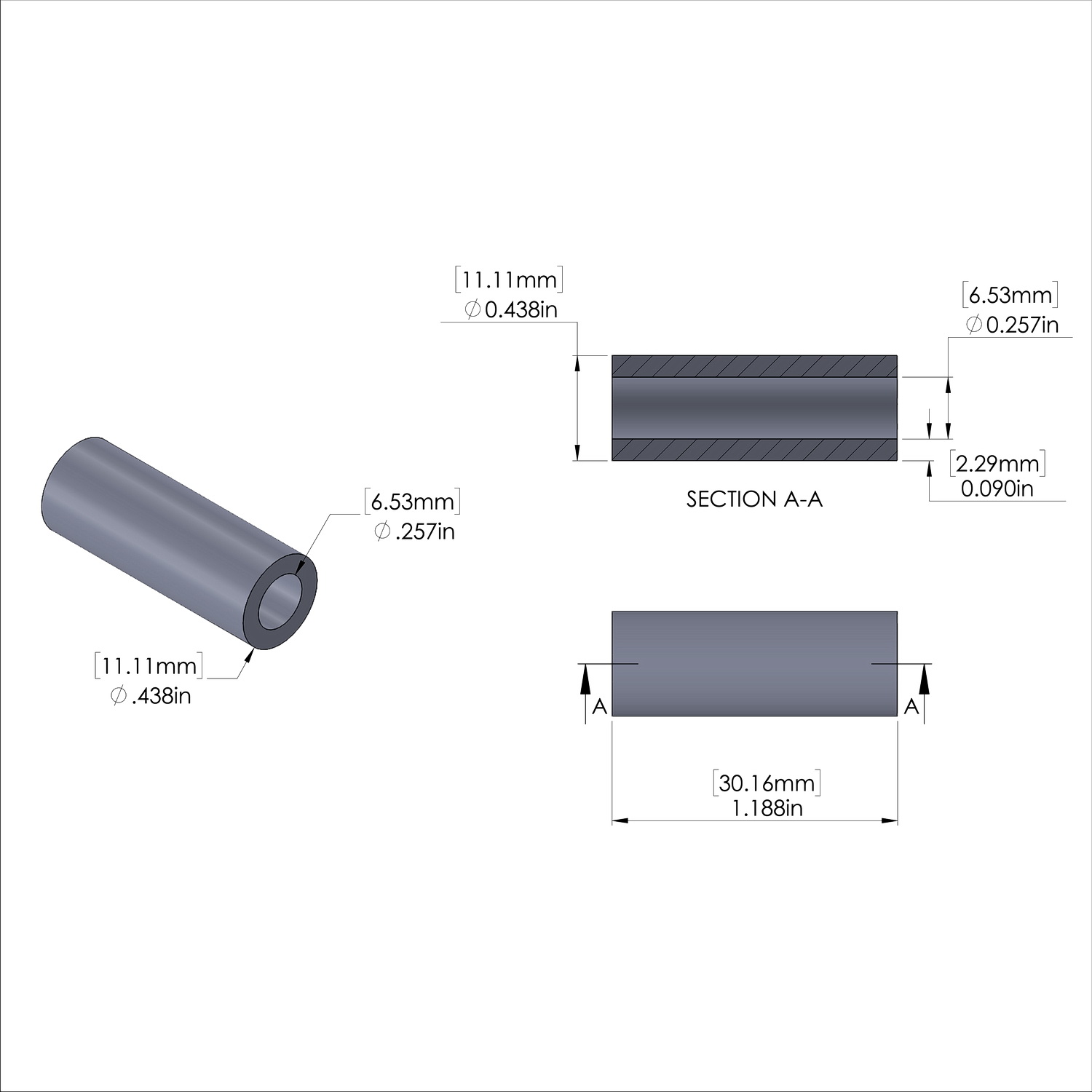 Aluminum Spacer 7/16'' OD x .257'' ID x 1-3/16'' Long