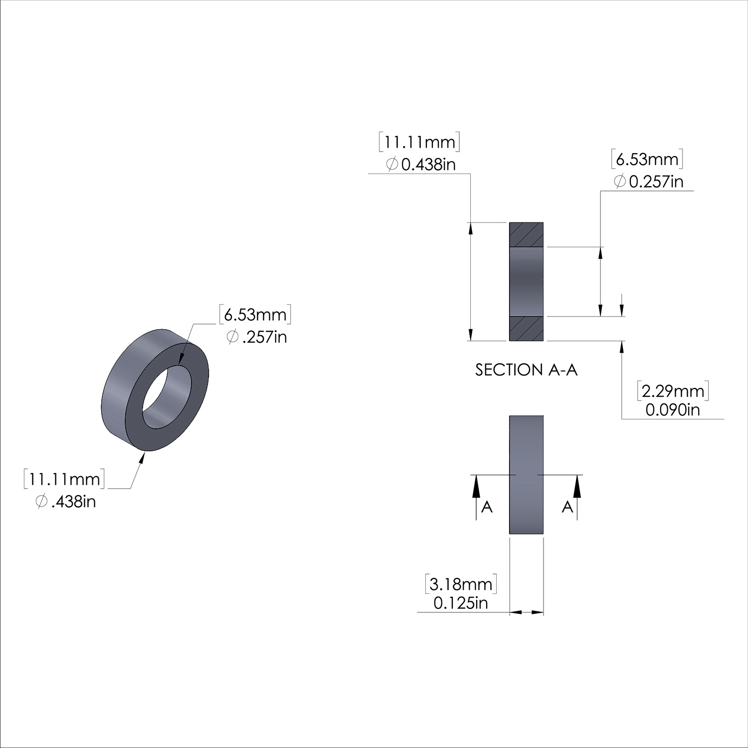 Aluminum Spacer 7/16'' OD x .257'' ID x 1/8'' Long-Black Anodized