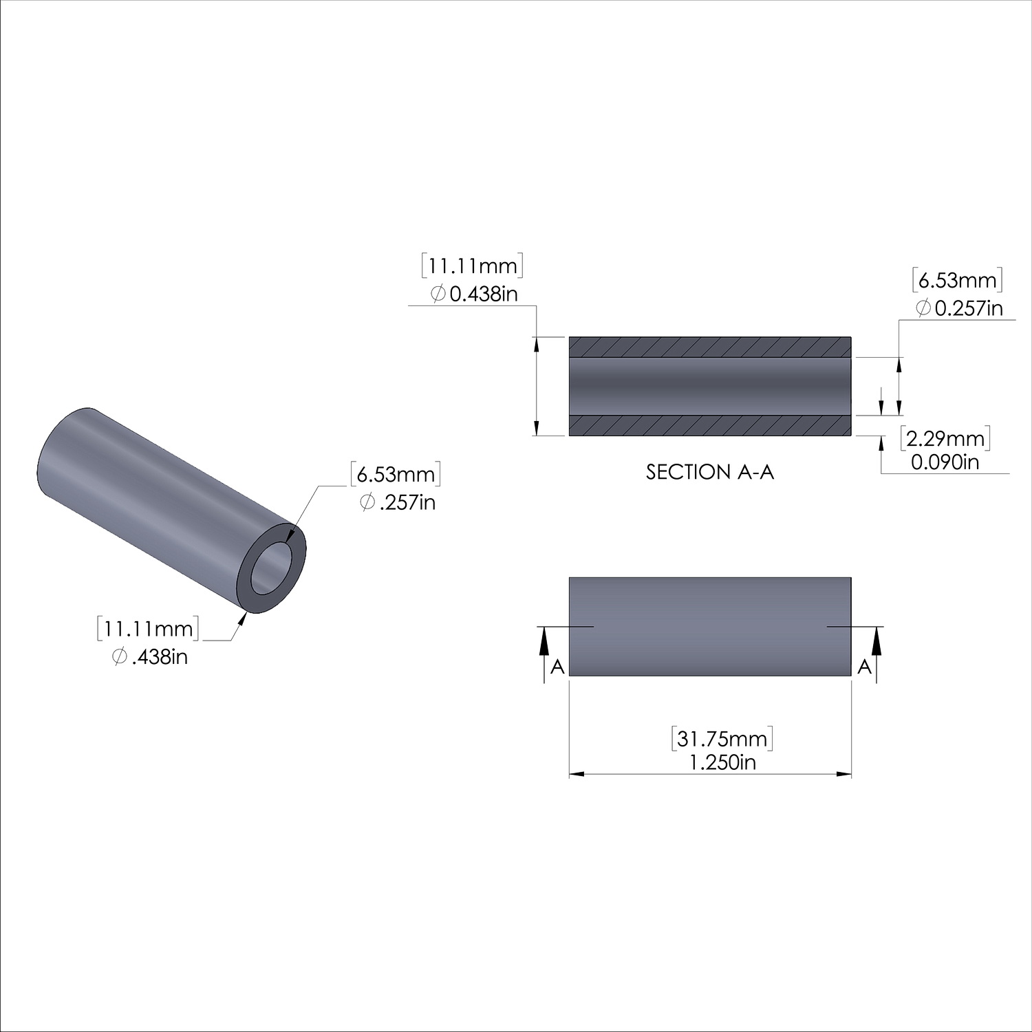 Aluminum Spacer 7/16'' OD x .257'' ID x 1-1/4'' Long-Black Anodized