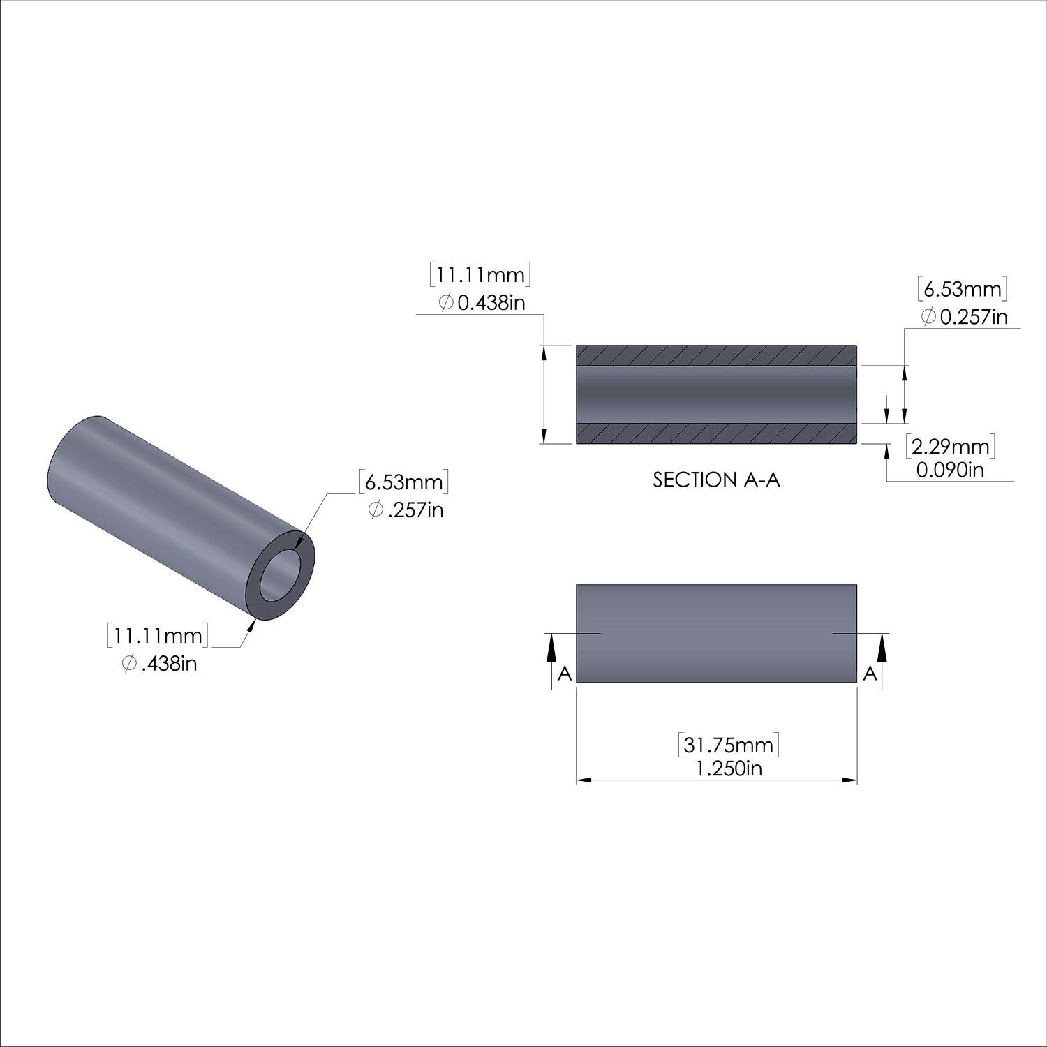 Aluminum Spacer 7/16'' OD x .257'' ID x 1-1/4'' Long