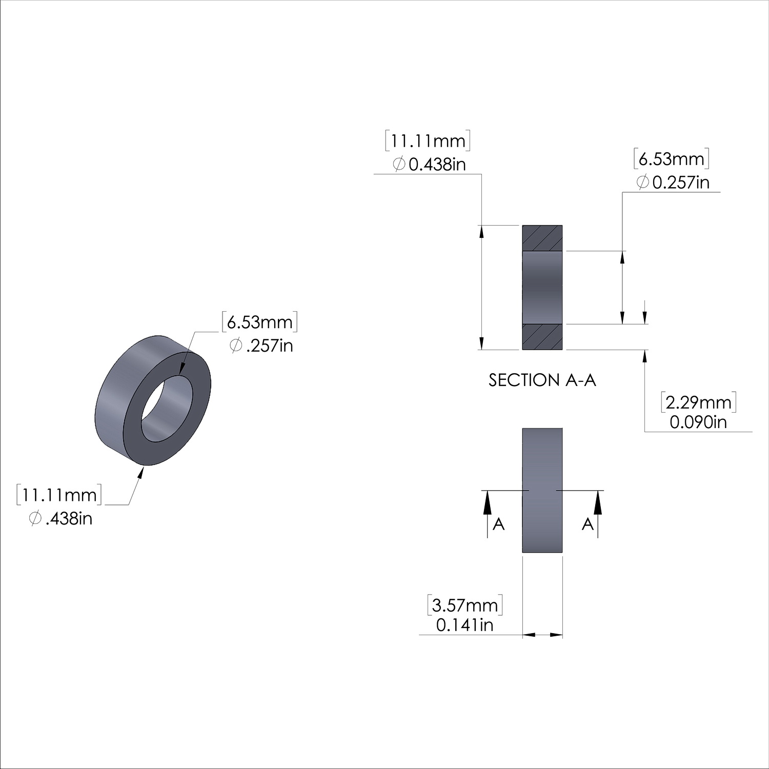Aluminum Spacer 7/16'' OD x .257'' ID x 9/64'' Long