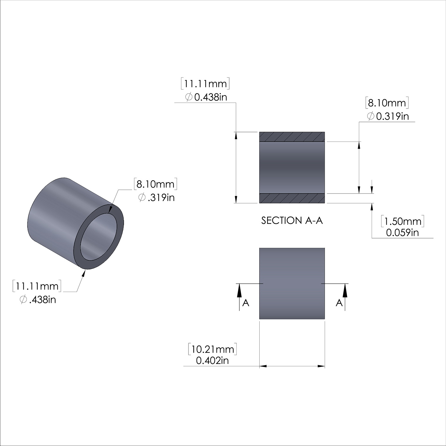 Aluminum Spacer 7/16'' OD x .319'' ID x .402'' Long