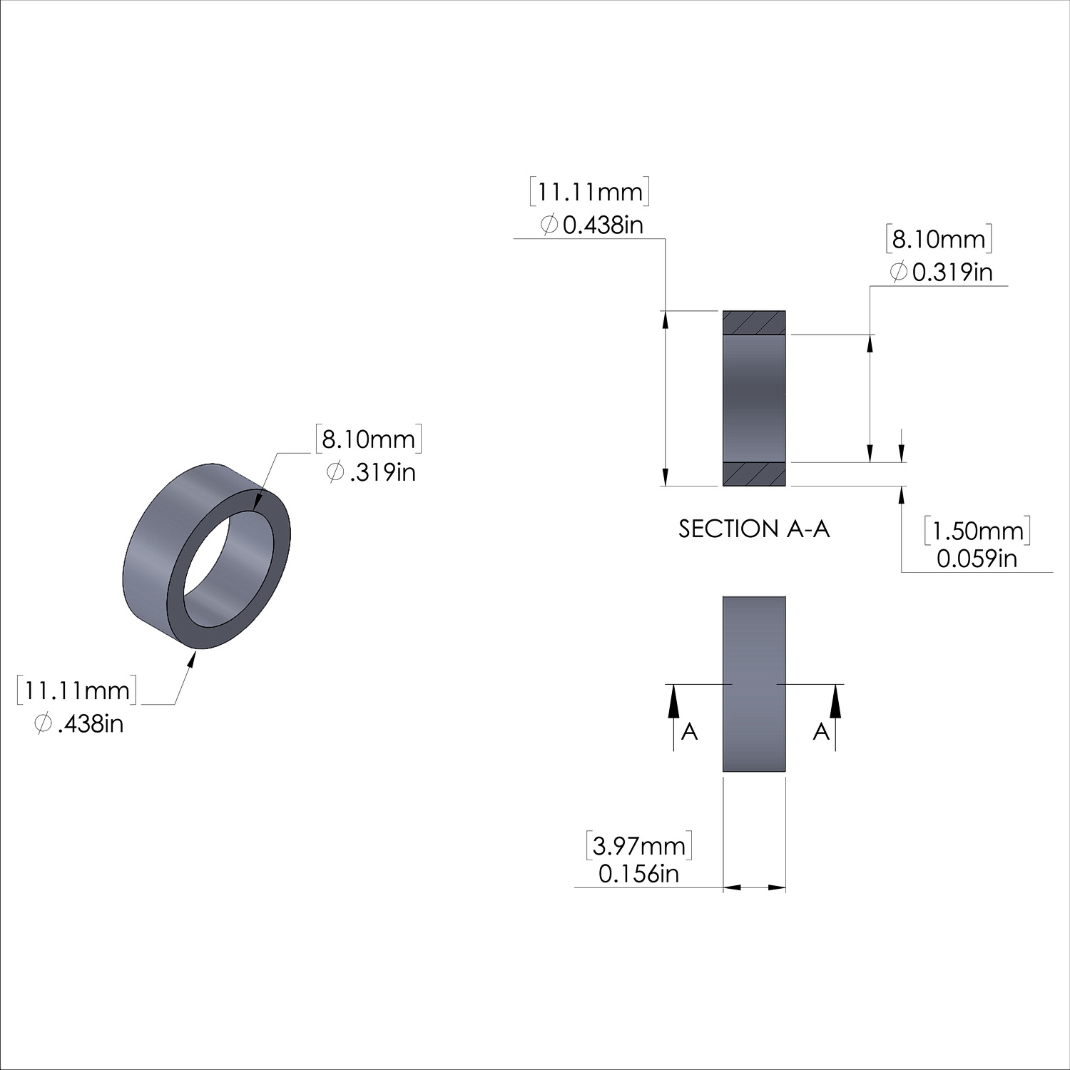 Aluminum Spacer 7/16'' OD x .319'' ID x 5/32'' Long, Plain Aluminum Finish