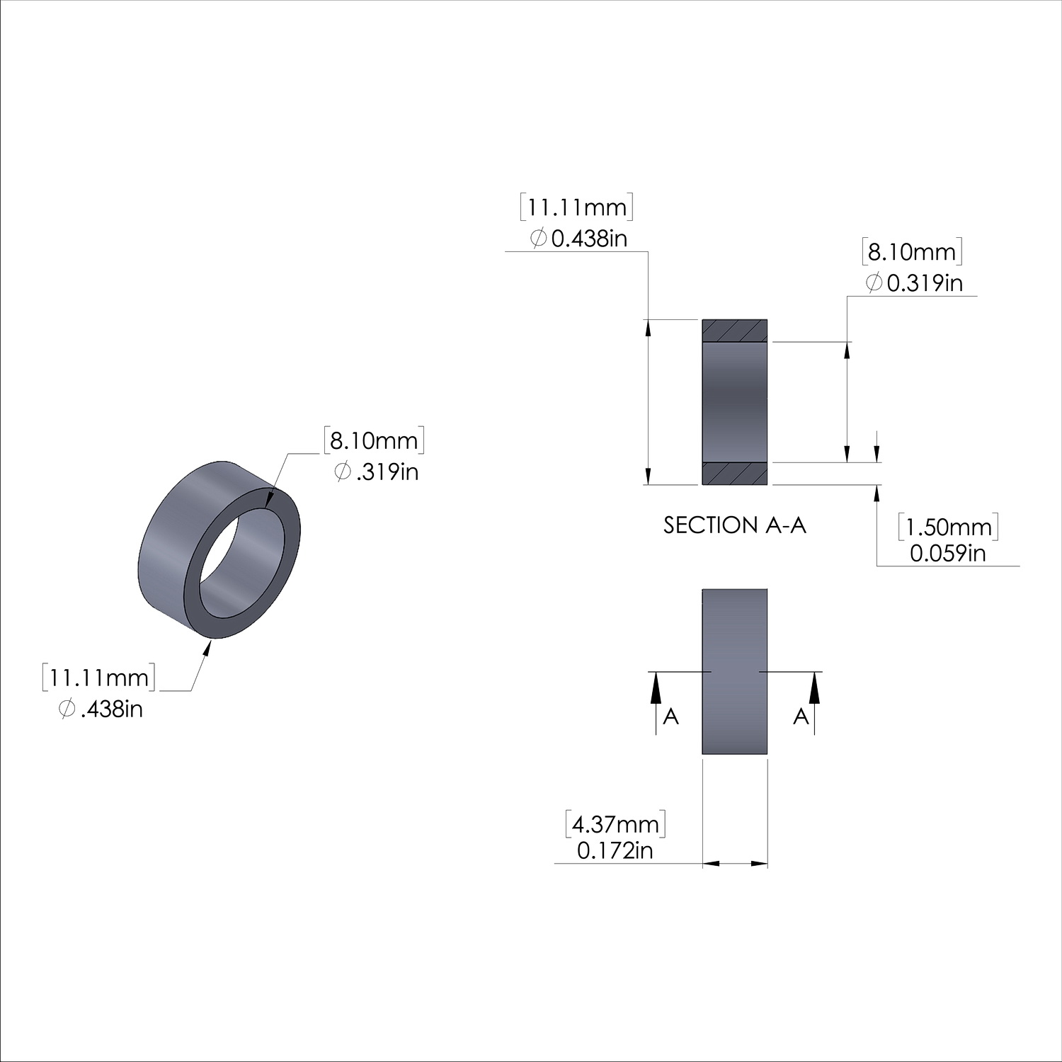 Aluminum Spacer 7/16'' OD x .319'' ID x 11/64'' Long