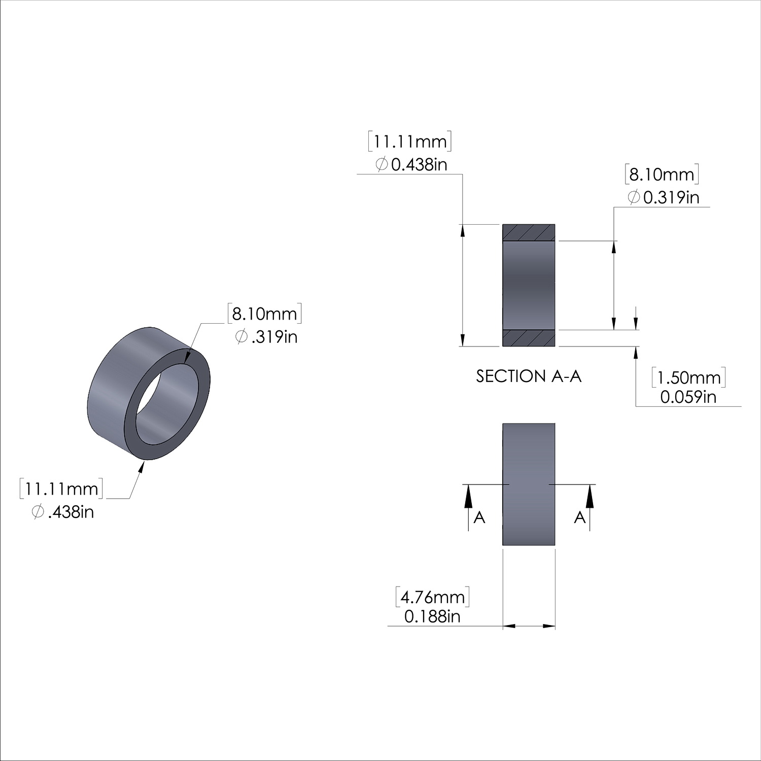 Aluminum Spacer 7/16'' OD x .319'' ID x 3/16'' Long-Black Anodized