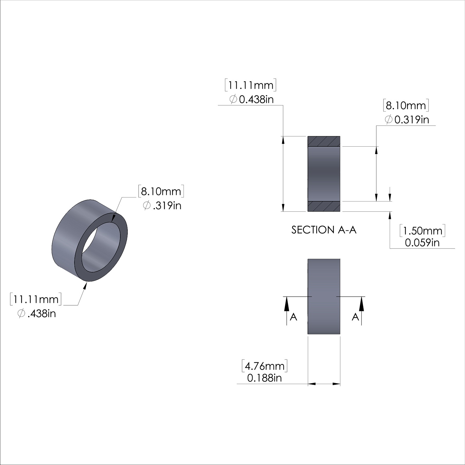 Aluminum Spacer 7/16'' OD x .319'' ID x 3/16'' Long, Plain Aluminum Finish
