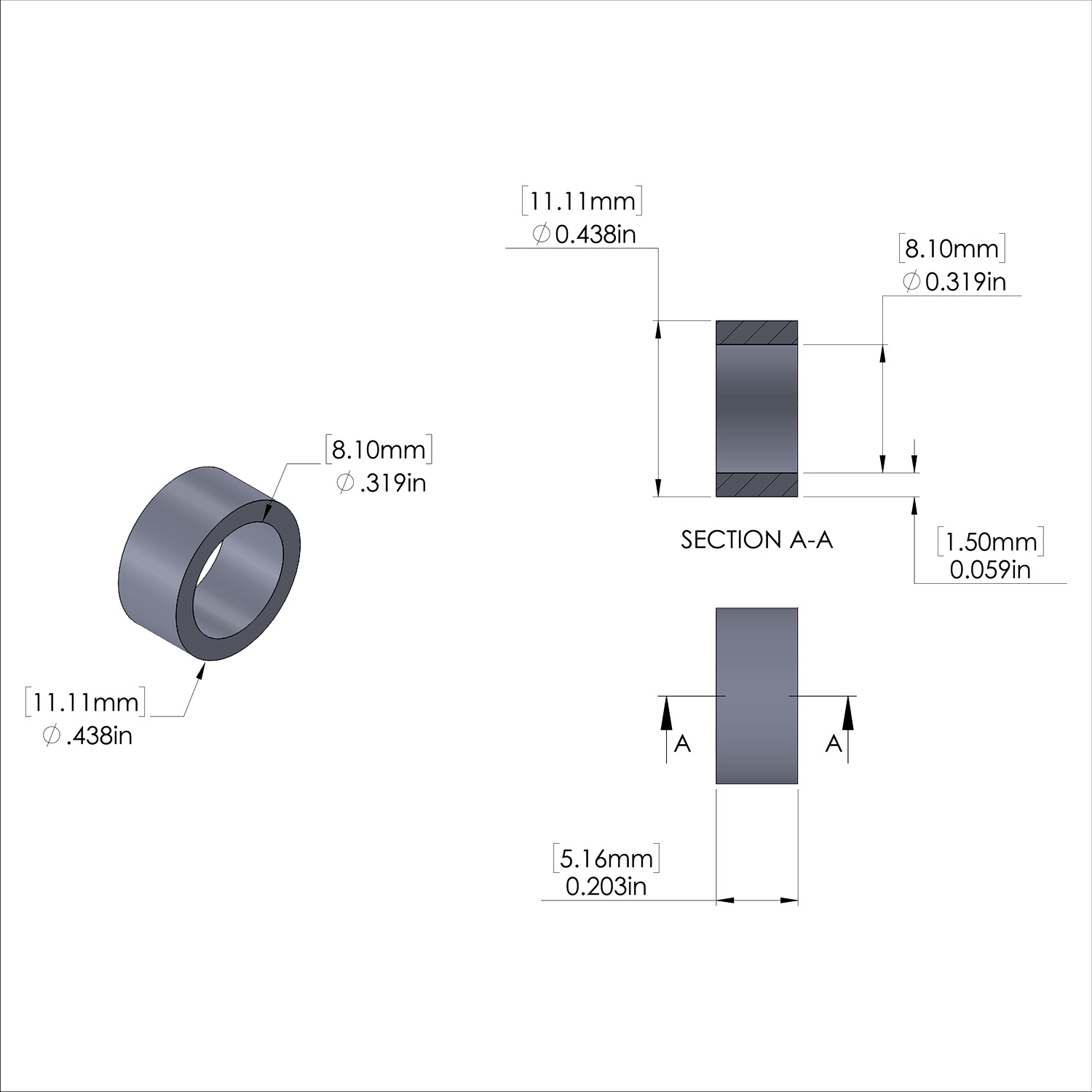 Aluminum Spacer 7/16'' OD x .319'' ID x 13/64'' Long