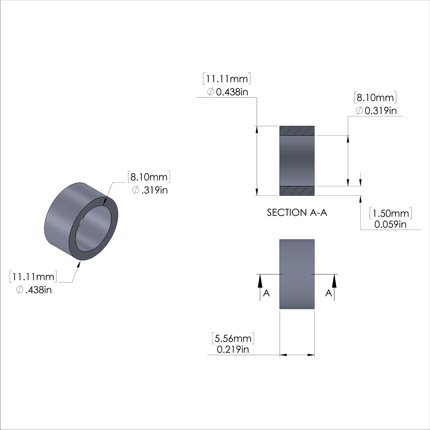 Aluminum Spacer 7/16'' OD x .319'' ID x 7/32'' Long, Plain Aluminum Finish