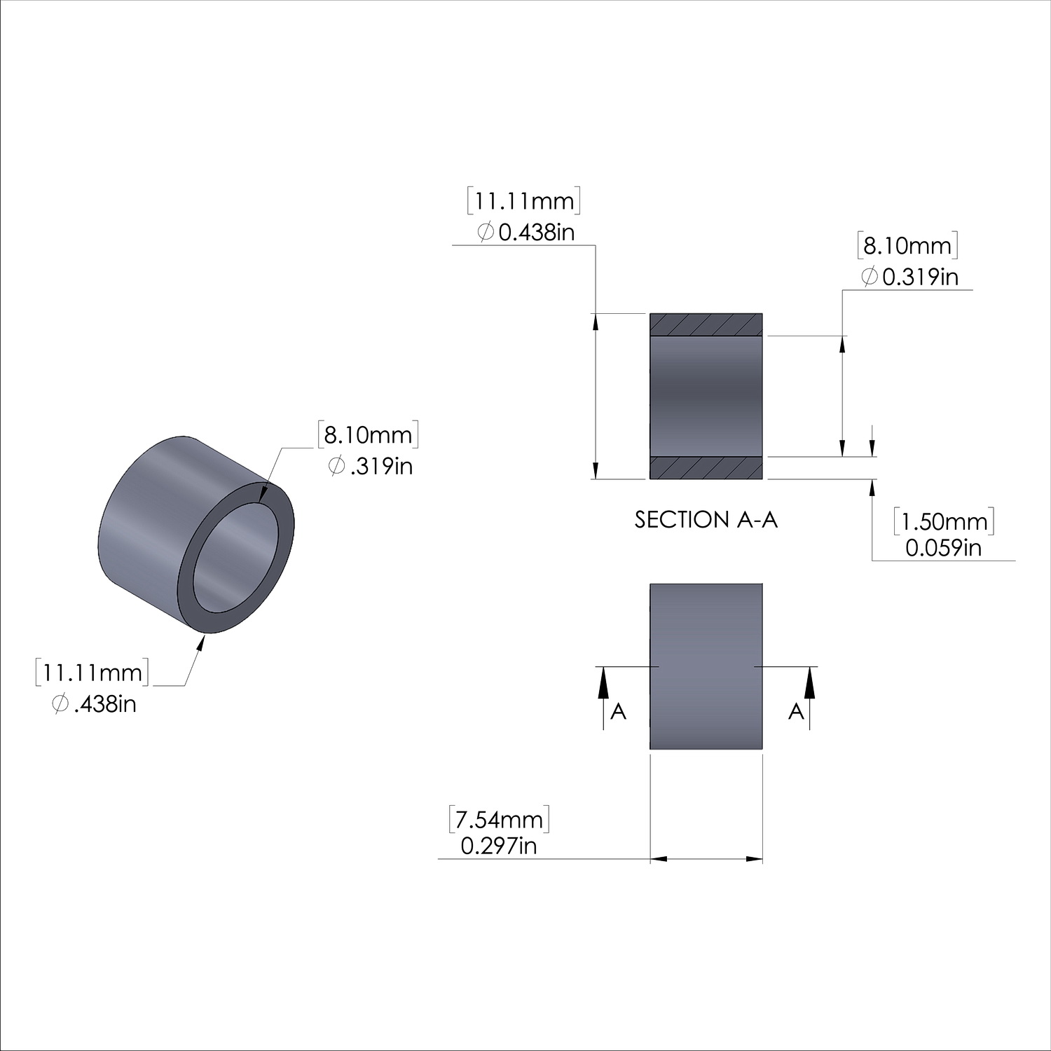 Aluminum Spacer 7/16'' OD x .319'' ID x 19/64'' Long