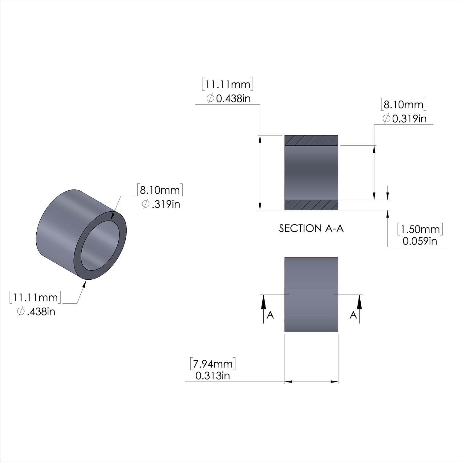 Aluminum Spacer 7/16'' OD x .319'' ID x 5/16'' Long-Black Anodized