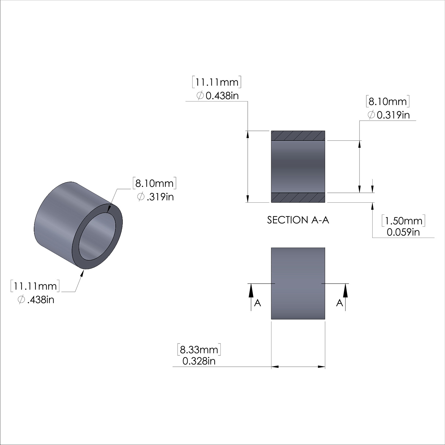 Aluminum Spacer 7/16'' OD x .319'' ID x 21/64'' Long