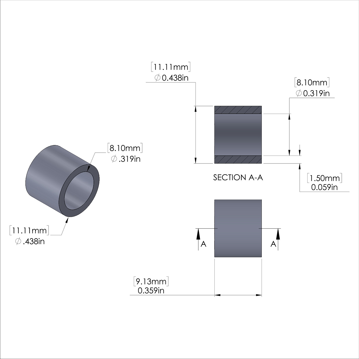 Aluminum Spacer 7/16'' OD x .319'' ID x 23/64'' Long, Plain Aluminum Finish