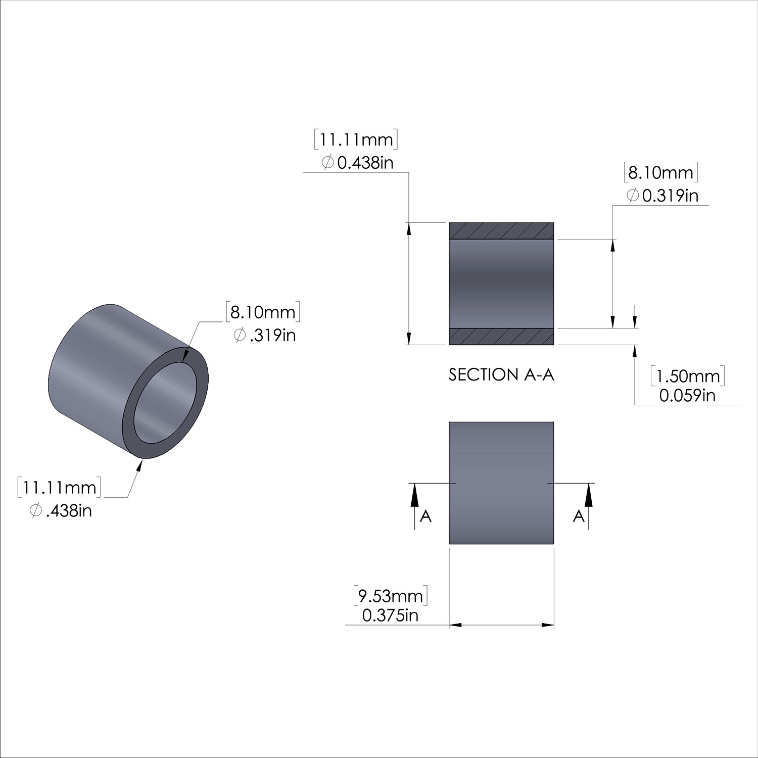 Aluminum Spacer 7/16'' OD x .319'' ID x 3/8'' Long-Black Anodized