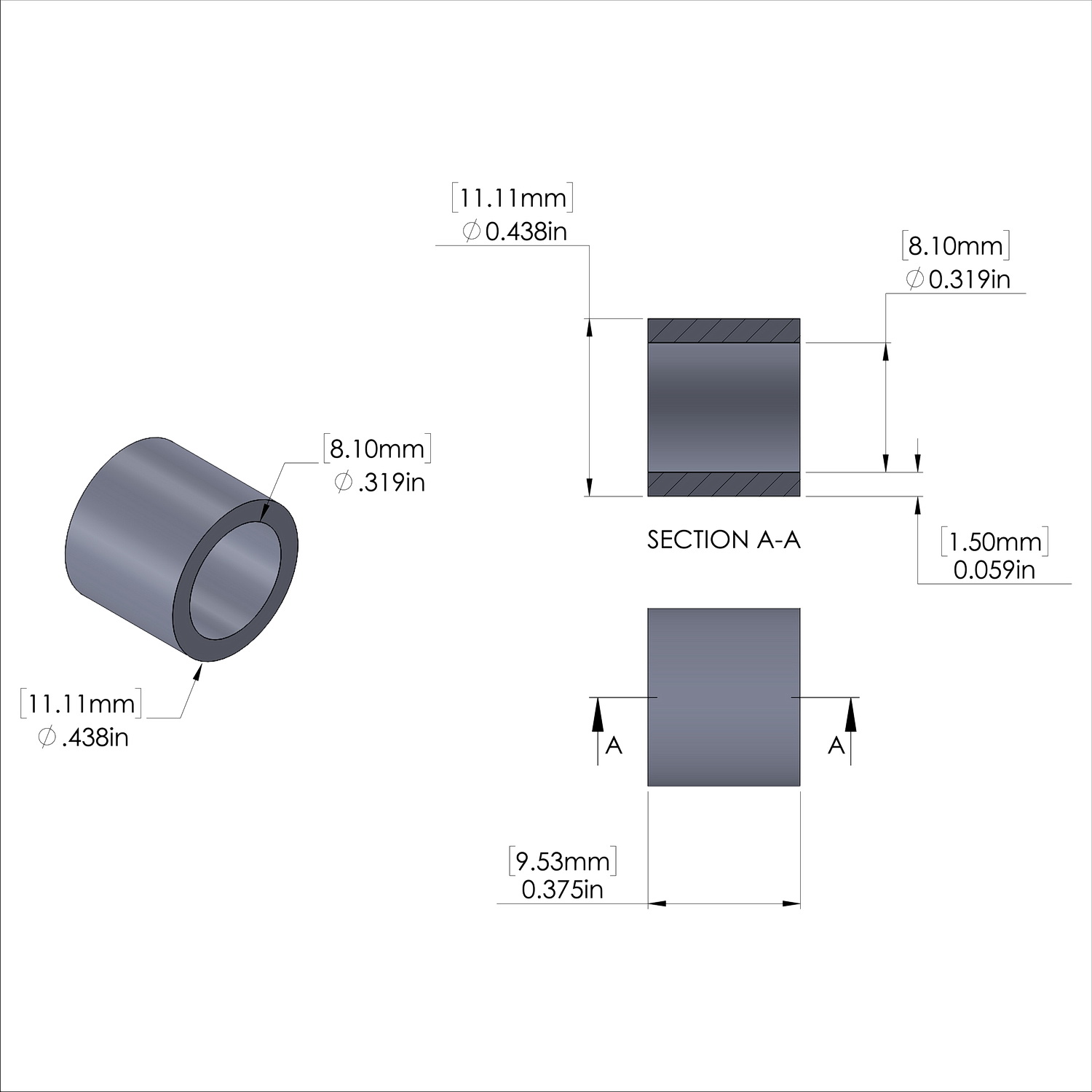Aluminum Spacer 7/16'' OD x .319'' ID x 3/8'' Long
