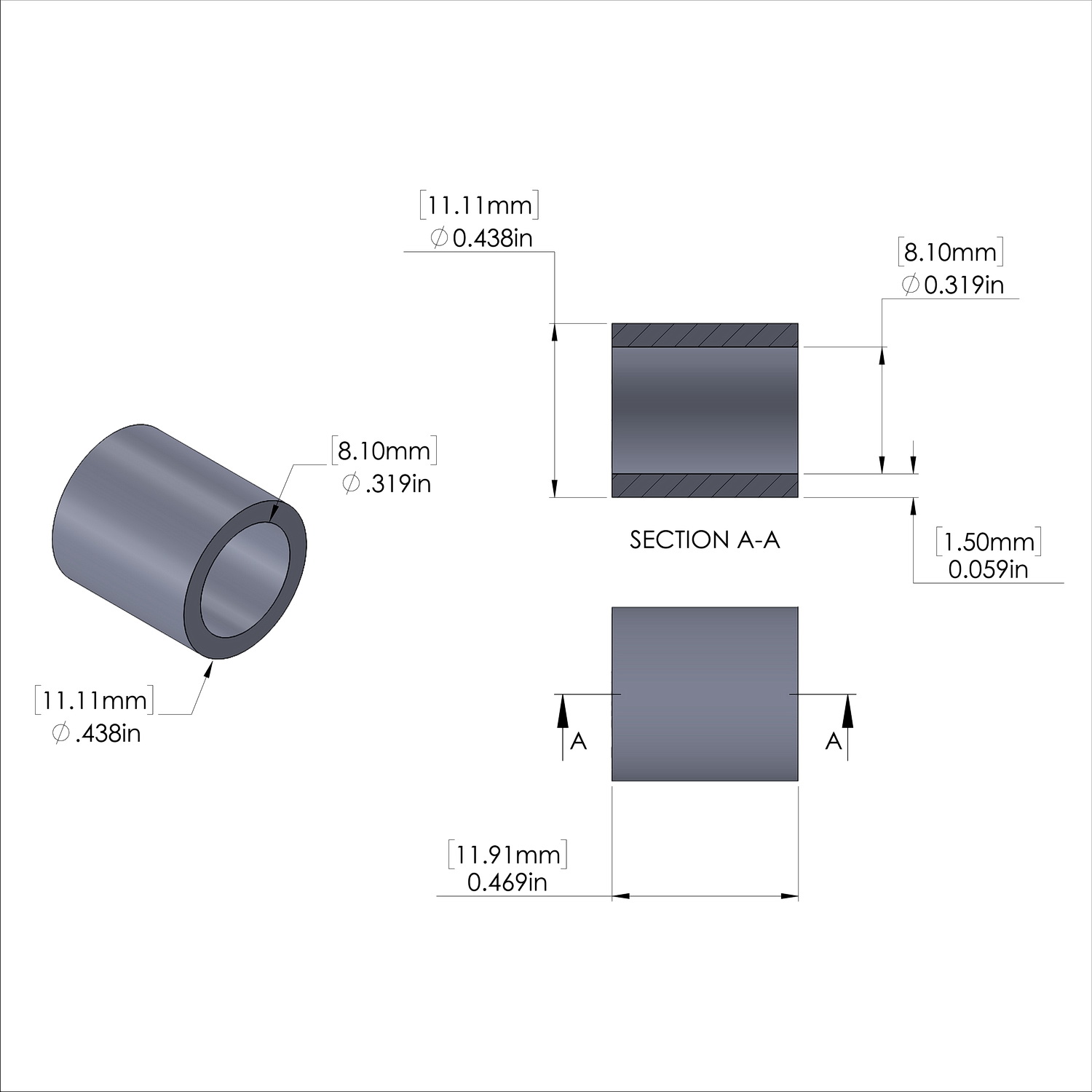 Aluminum Spacer 7/16'' OD x .319'' ID x 15/32'' Long, Plain Aluminum Finish