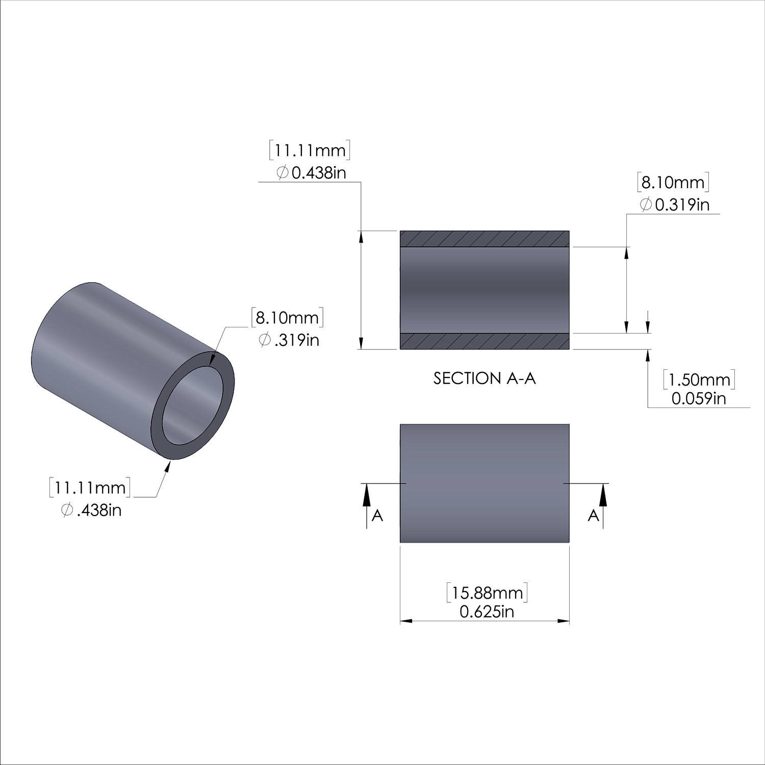 Aluminum Spacer 7/16'' OD x .319'' ID x 5/8'' Long