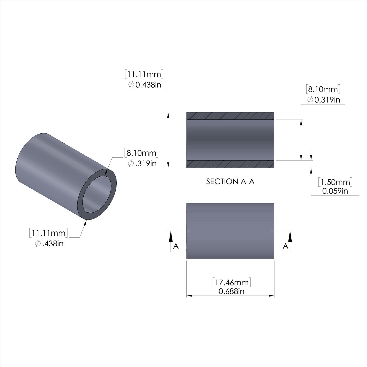 Aluminum Spacer 7/16'' OD x .319'' ID x 11/16'' Long