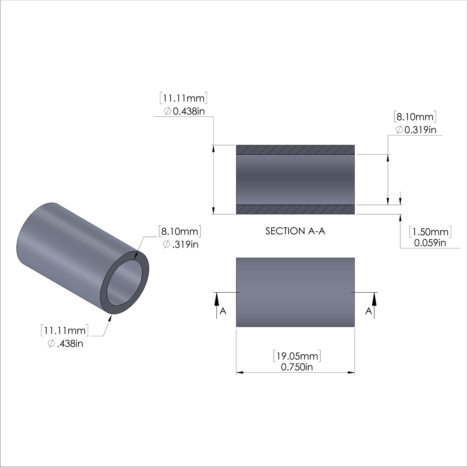 Aluminum Spacer 7/16'' OD x .319'' ID x 3/4'' Long
