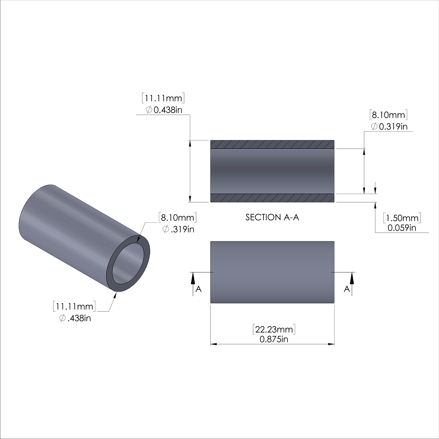 Aluminum Spacer 7/16'' OD x .319'' ID x 7/8'' Long