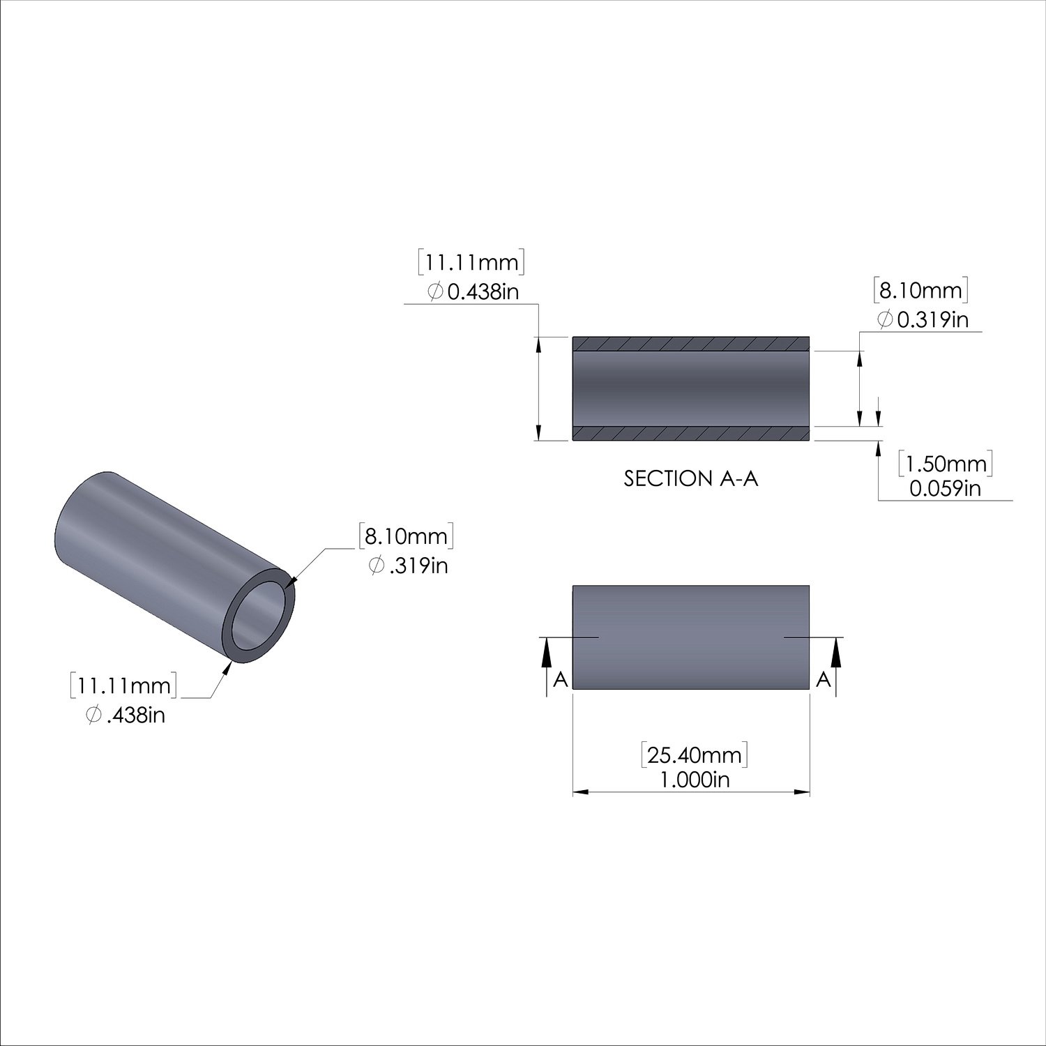 Aluminum Spacer 7/16'' OD x .319'' ID x 1.000'' Long-Black Anodized