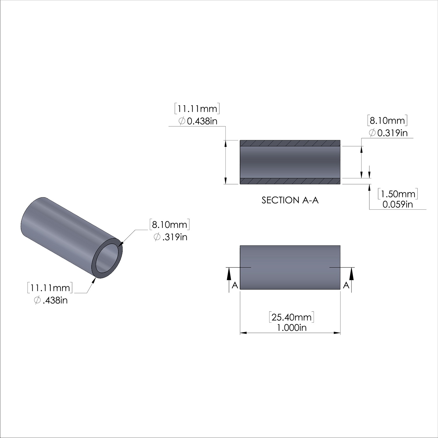 Aluminum Spacer 7/16'' OD x .319'' ID x 1.000'' Long