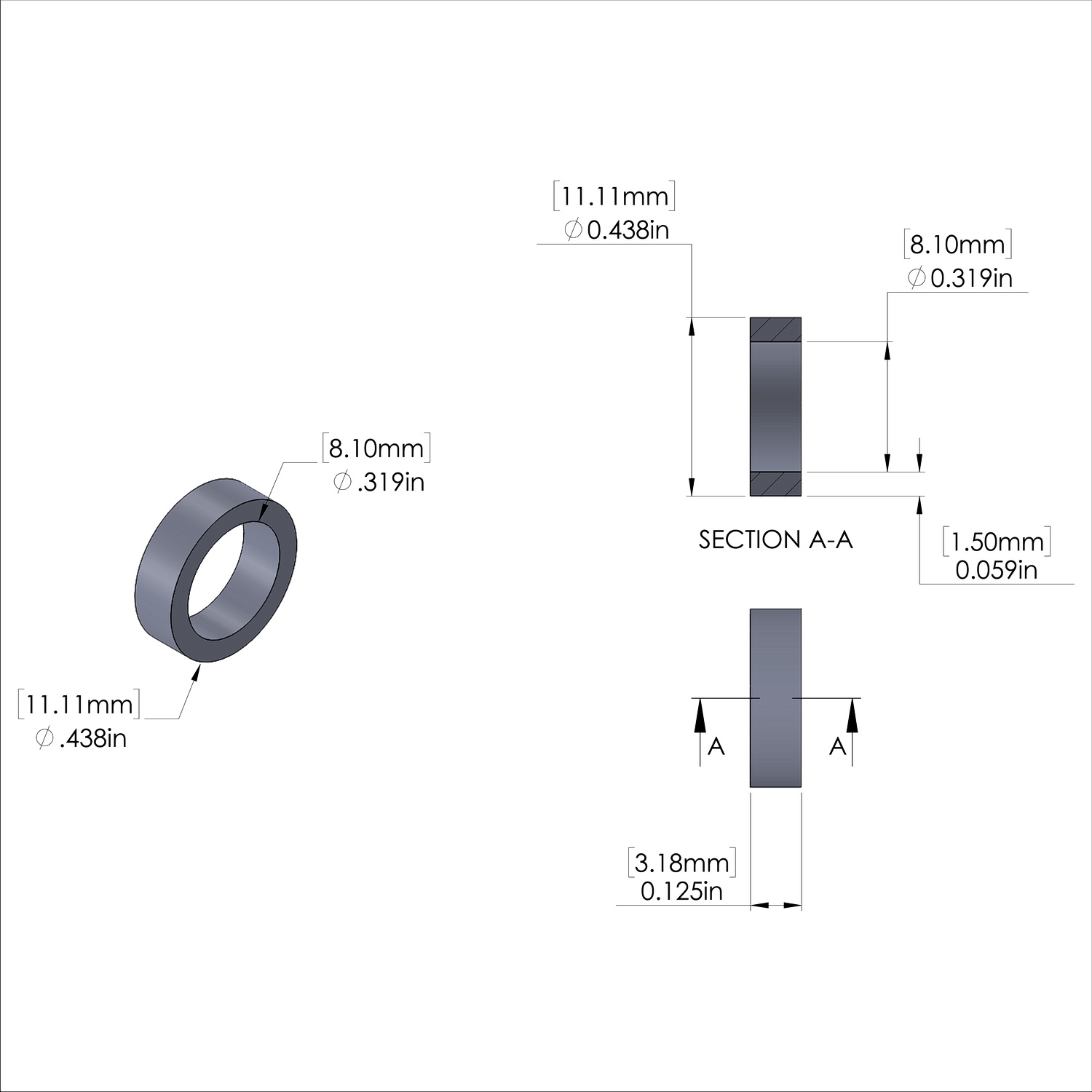 Aluminum Spacer 7/16'' OD x .319'' ID x 1/8'' Long -Black Anodized